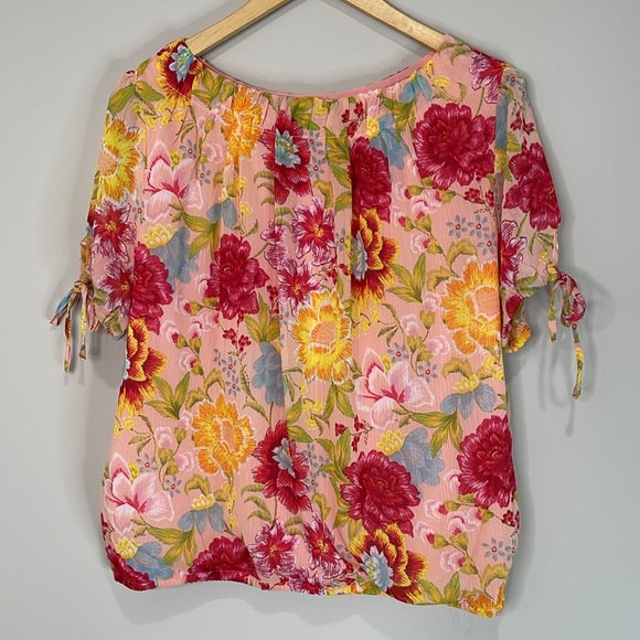 Suzy Shier Plisse Floral Blouse Tied Sleeves Pink Red Yellow Elastic Waistband L - Picture 7 of 12